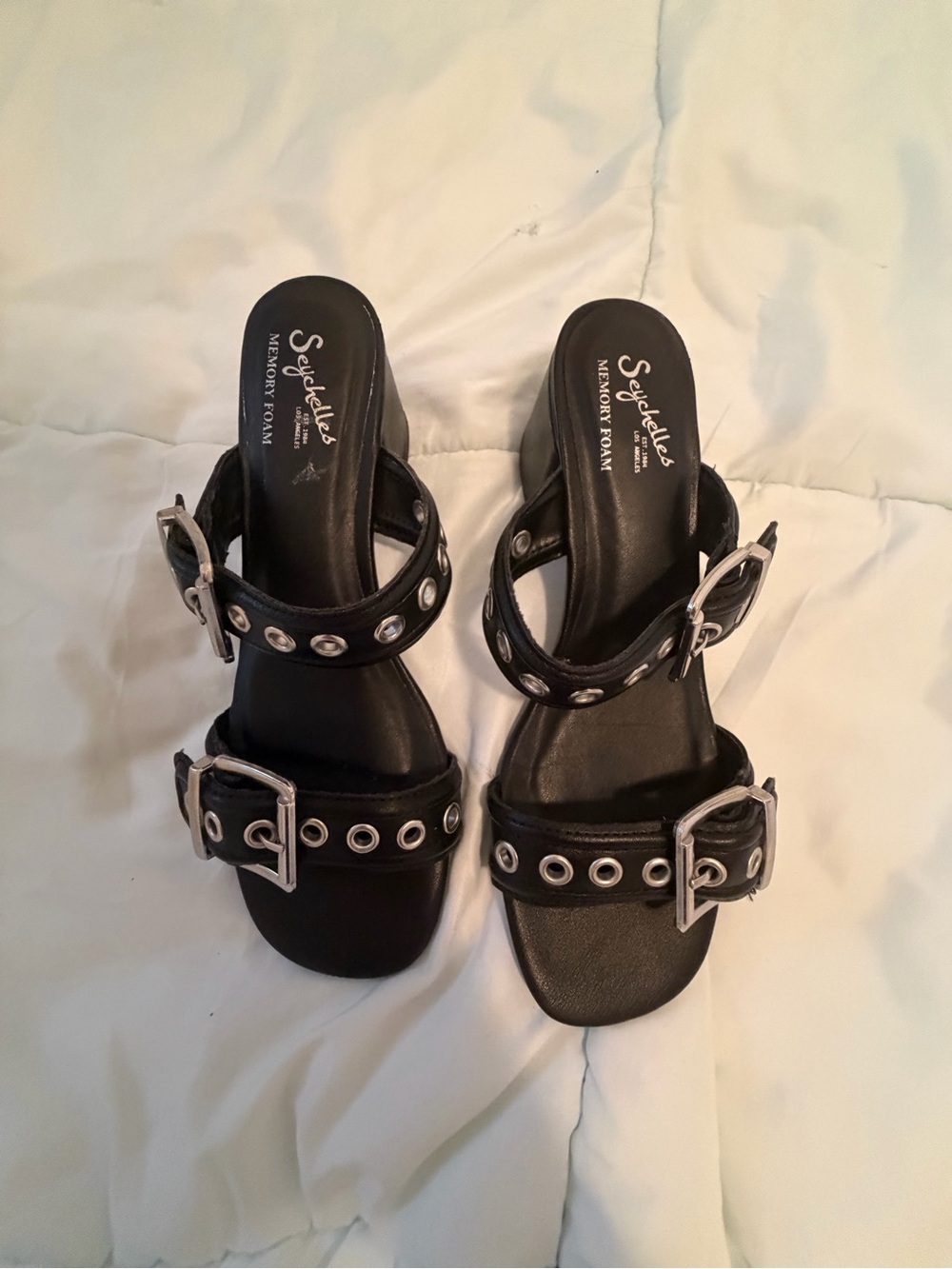 Seychelles Black Buckle Grommet Slide Heels